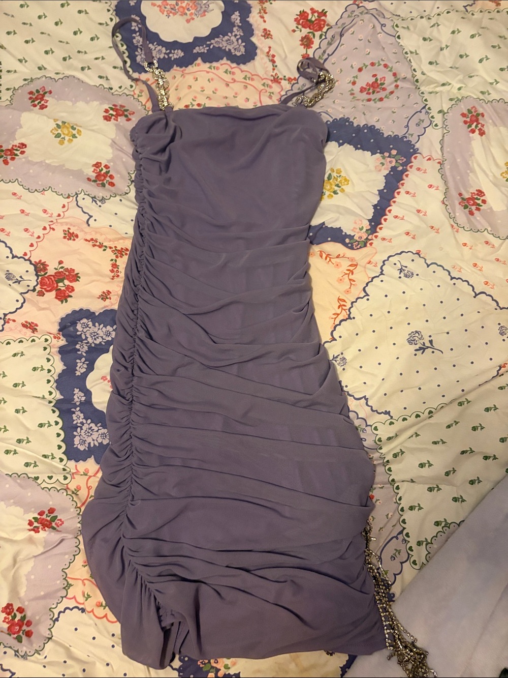 Fashion Nova Lavender Ruched Evening Dress with Chain Straps